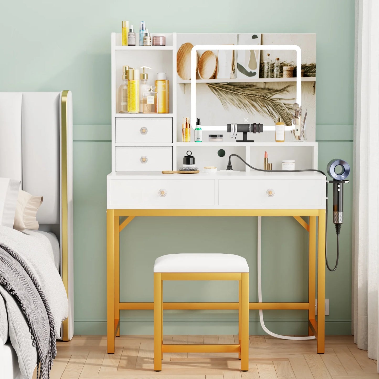 Tydimor Lighted Makeup Vanity Set, Women Dressing Table with Outlets, Vanity Desk with Drawers & Stool