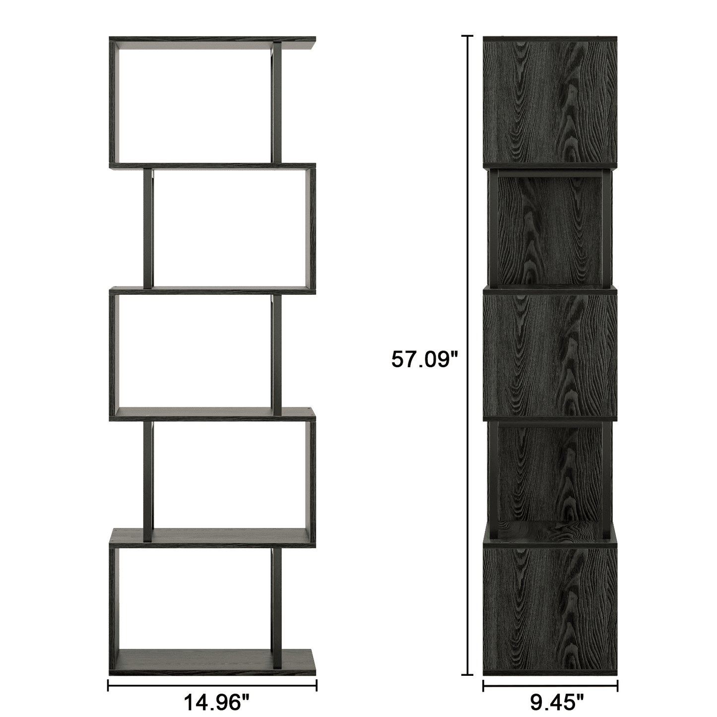 Satifur 5-Tier S-Shaped Geometric Bookcase, Industrial Freestanding Storage Shelving Unit,Black
