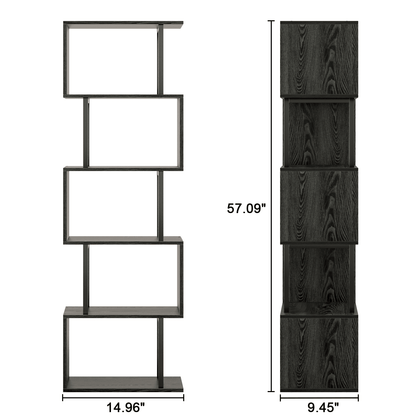Satifur 5-Tier S-Shaped Geometric Bookcase, Industrial Freestanding Storage Shelving Unit,Black