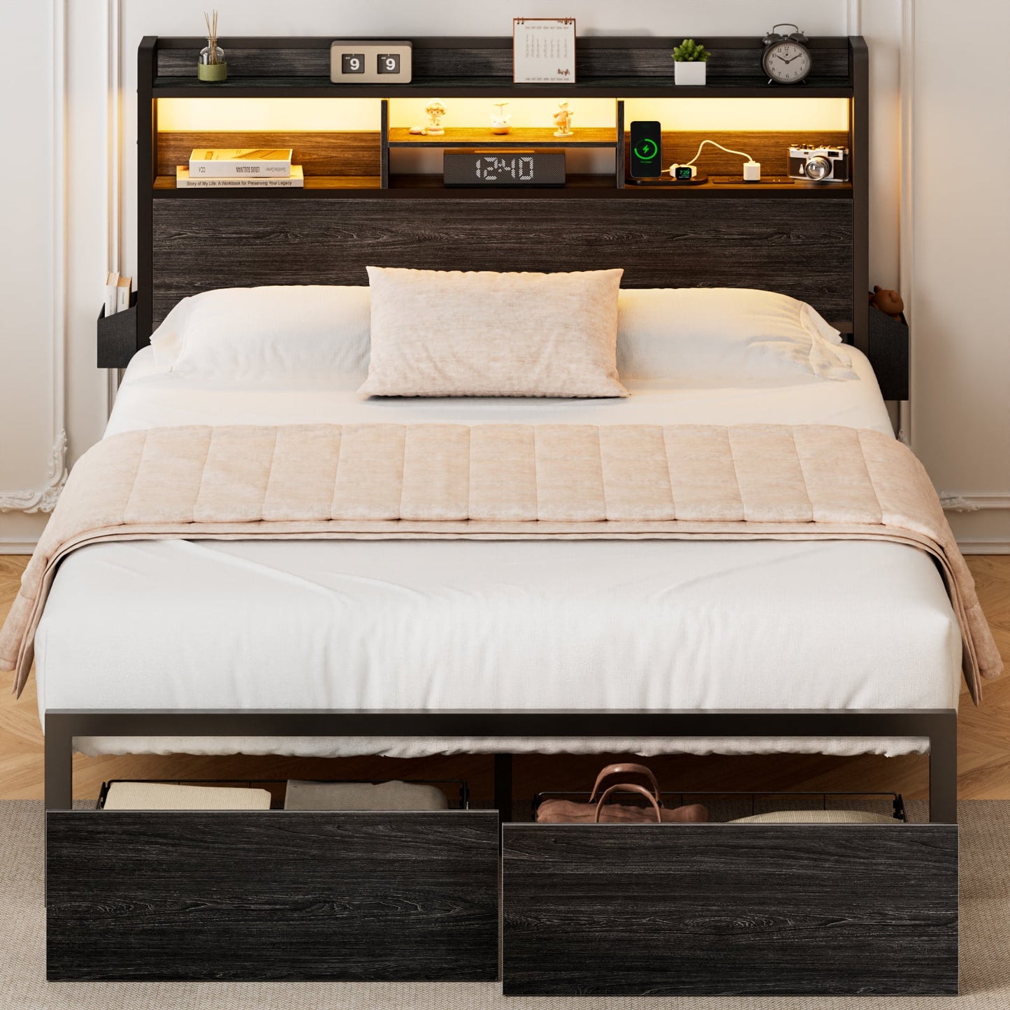 Hexmn Electric Bed Frame Full No Box Spring Needed with Charging Station & Storage Drawers, Black Oak