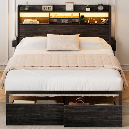 Hexmn Electric Bed Frame Full No Box Spring Needed with Charging Station & Storage Drawers, Black Oak
