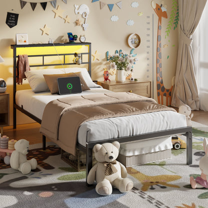 Tydimor Twin Size Bed Frame with LED Storage Headboard Shelf, 38.1" High Metal Platform Bed, Black