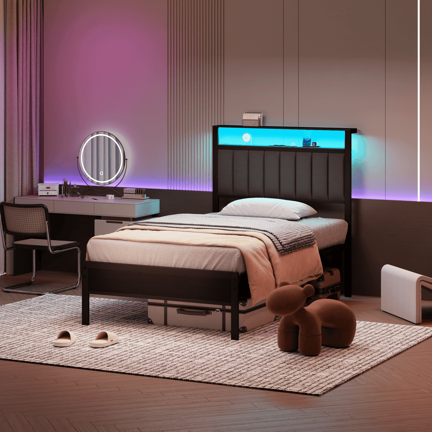 Hexmn Twin Bed Frame with USB Ports and Outlets, LED Gaming Bed Metal Frame Underbed with Headboard, Niose Free