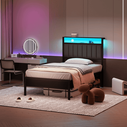 Hexmn Twin Bed Frame with USB Ports and Outlets, LED Gaming Bed Metal Frame Underbed with Headboard, Niose Free
