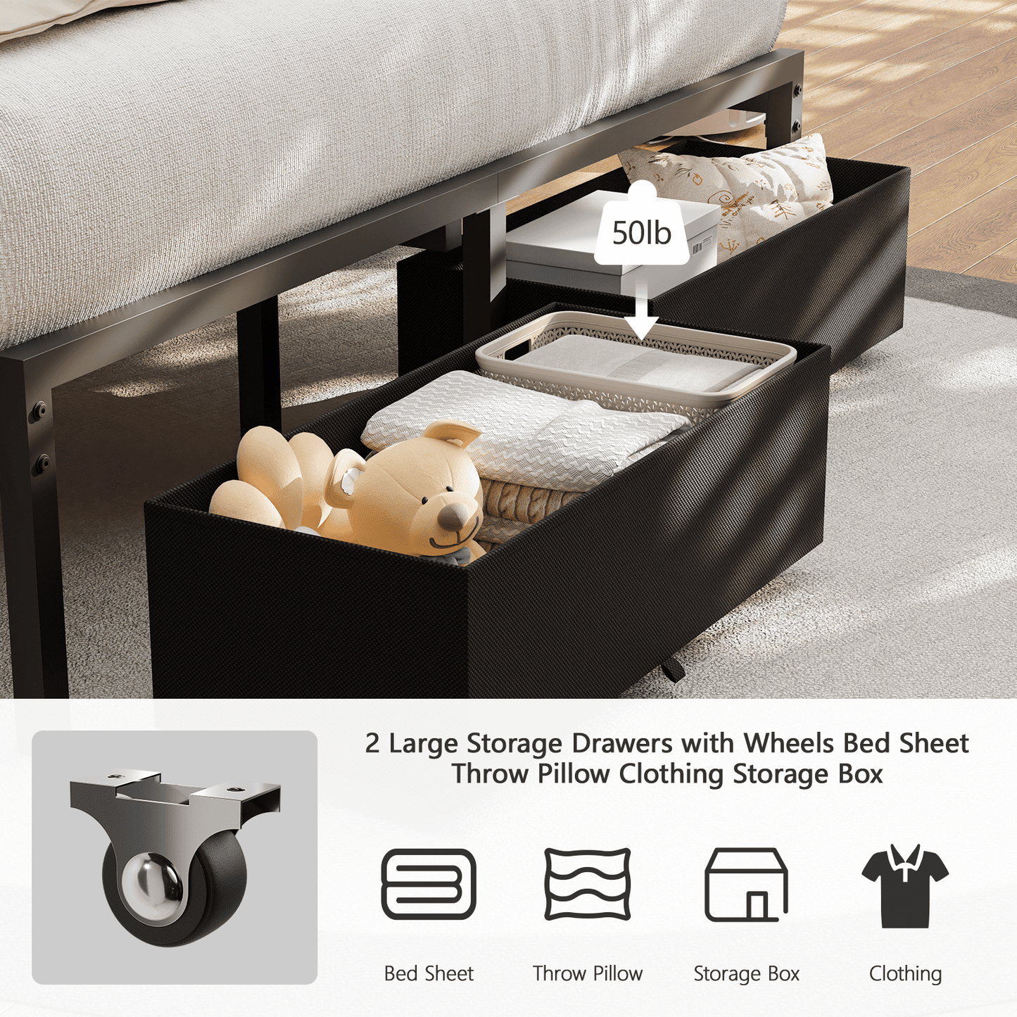 Tydimor Queen Bed Frame with 2 Drawers & 2 USB Ports and Outlets, No Box Spring Needed