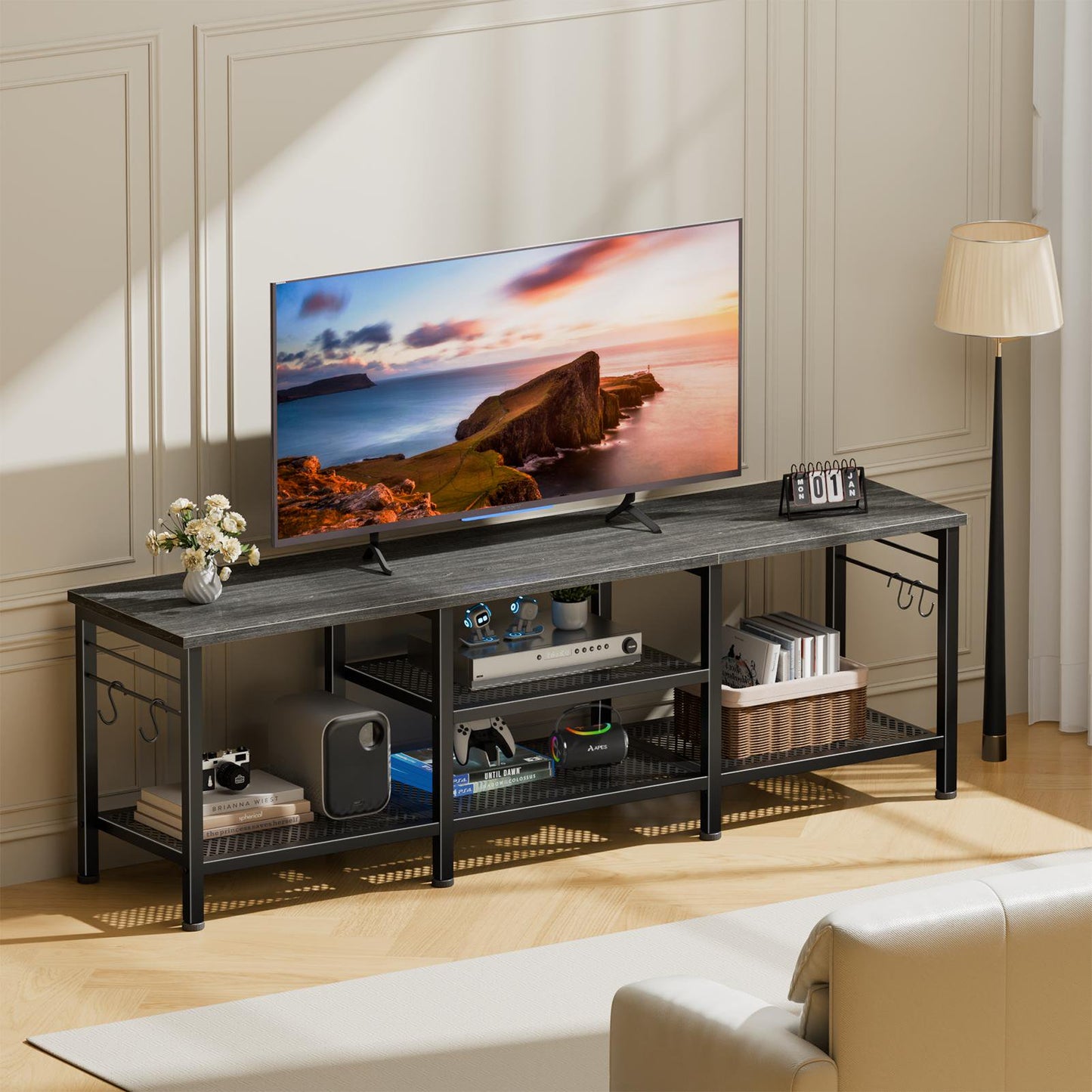 Tydimor Modern TV Stand for TVs up to 65" TVs, Media Console Table for Living Room, Entertainment Center with Storage, Light Black Oak