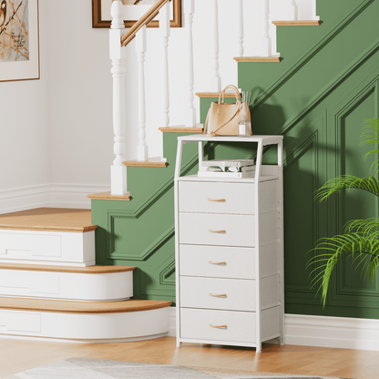 Satifur 5-Drawer Nightstand,Tall Fabric Dresser Storage End Table,for All Age,Metal Frame,White