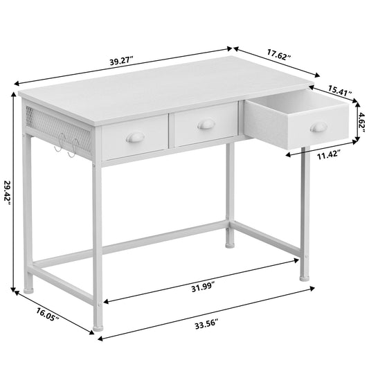 Satifur White Desk with Drawers & Hooks, Computer Writing Desk with 3 Fabric Drawers for Bedroom, Home Office