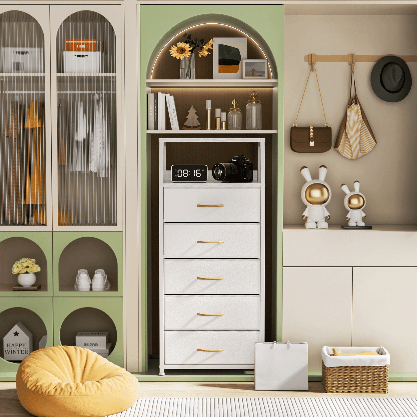 TYDIMOR Fabric Dresser for Bedroom, 5 Drawer Chest of Drawers, White, Ideal for Adults