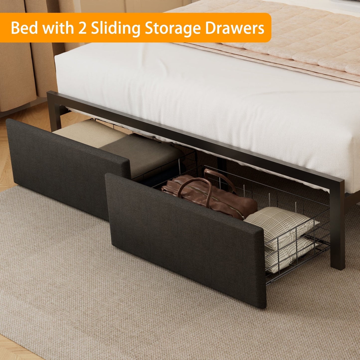 Hexmn Queen Size Bedroom Furniture Sets with Upholstered Storage Headboard & Outlets, LED Lights Standard Bed con Cajones, Niose Free