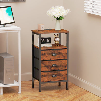 Satifur Nightstand with Charging Station Bedside Table with Fabric Storage Drawers, Rustic Brown