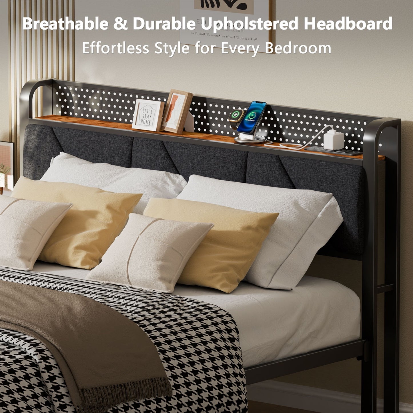 Satifur Queen Bed Frame with Upholstered Storage Headboard, Metal Platform Bed Station with Charging Station & LED, Noise-Free.No Box Spring Needed