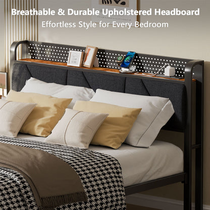 Satifur Queen Bed Frame with Upholstered Storage Headboard, Metal Platform Bed Station with Charging Station & LED, Noise-Free.No Box Spring Needed