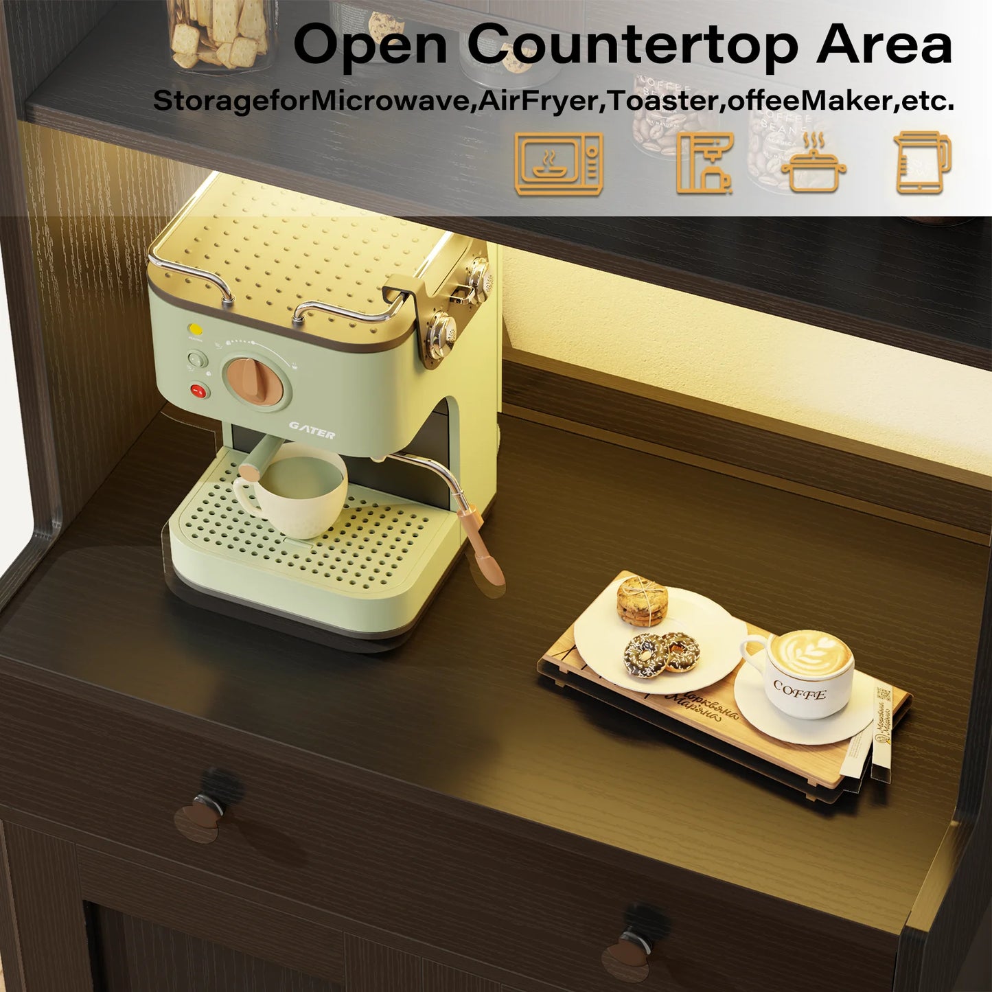 TYDIMOR Kitchen Pantry Storage Cabinet with Doors & Shelves, Wood Buffet Cabinet with Microwave Stand, Tall Hutch Cabinet for Dining Room, Black