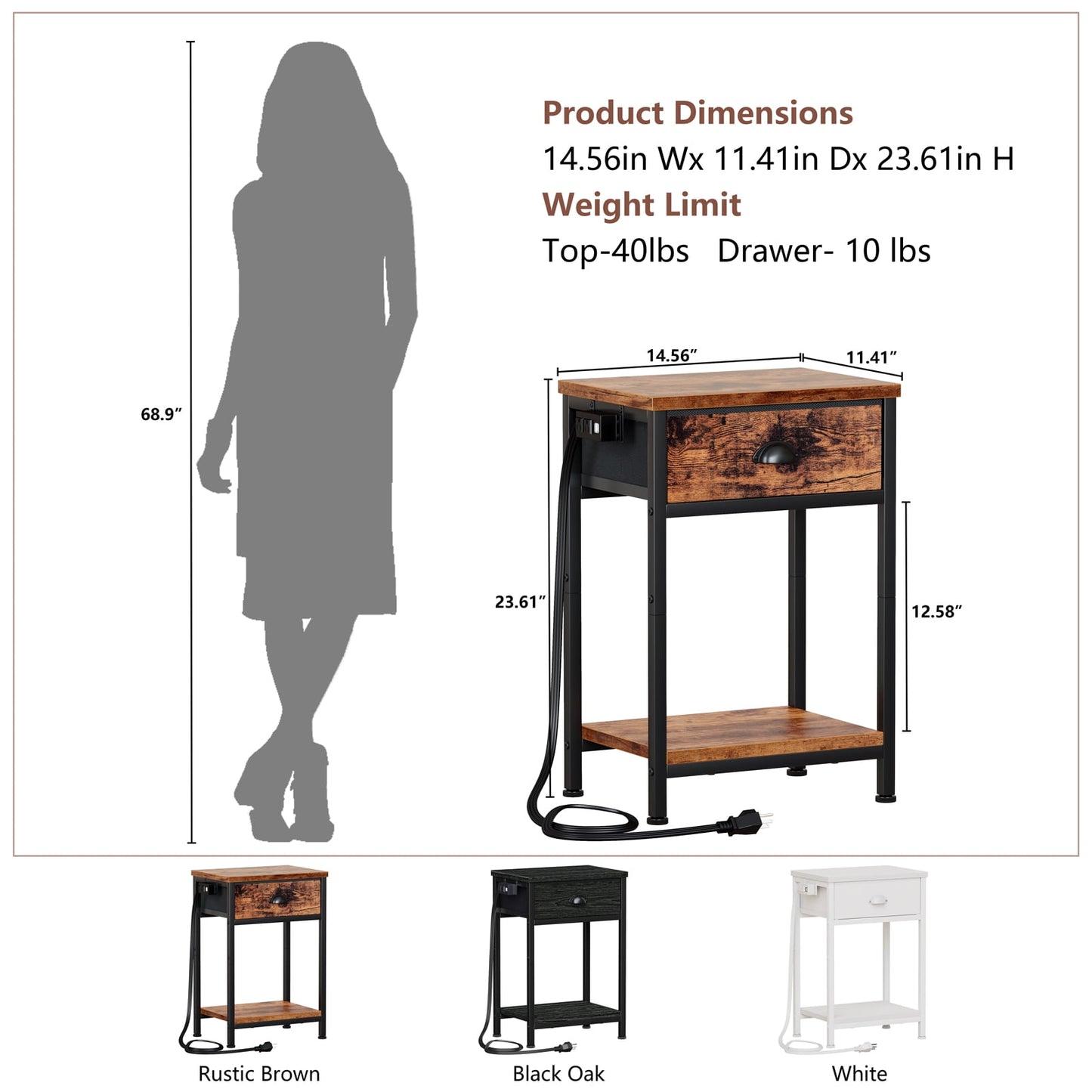 Satifur Set of 2 Nightstand with Charging Station for Bedroom,Side End Table with Outlets & USB Ports,Rustic Brown