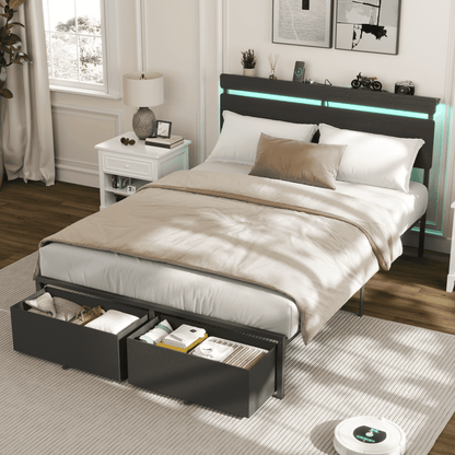 Tydimor Full Size Bed Frame with 2 Drawers & LED Lights & Charging Station, Beds with Headboard & 10.10" Under Bed Storage, No Box Spring Needed, Easy Assembly, Black