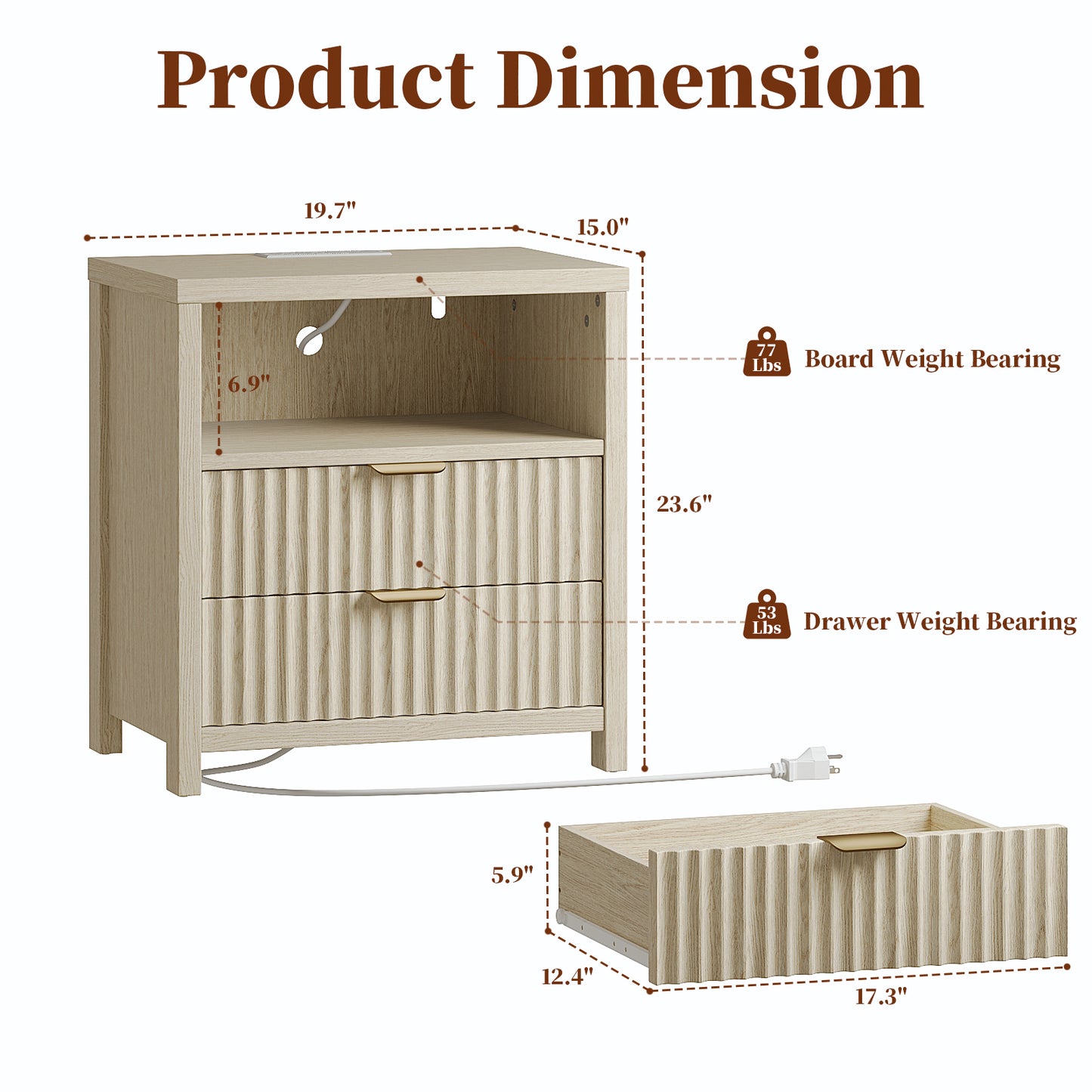 Satifur Modern Fluted Nightstand with Charging Station & 2 Storage Drawer for Bedroom,Light Oak Grain