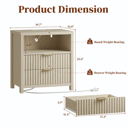 Satifur Modern Fluted Nightstand with Charging Station & 2 Storage Drawer for Bedroom,Light Oak Grain