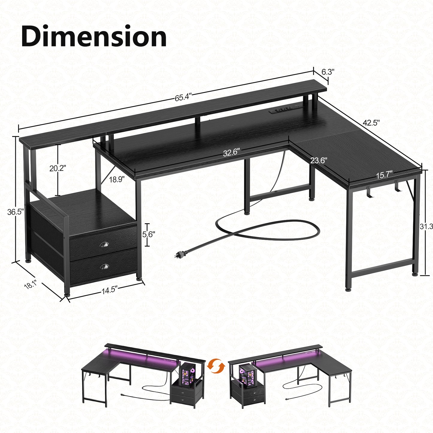 Satifur 66" L-Shaped Gaming Desk with LED Lights & Power Outlets, Computer Desk with Drawers & Printer Stand, Black