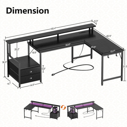 Satifur 66" L-Shaped Gaming Desk with LED Lights & Power Outlets, Computer Desk with Drawers & Printer Stand, Black