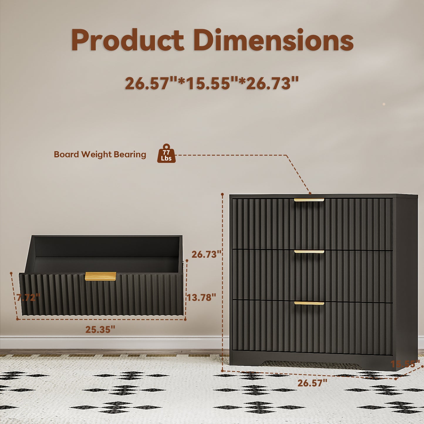 Tydimor Modern Nightstand with 3 Wooden Drawers, Bedside Table for Living Room, Black,Set of two