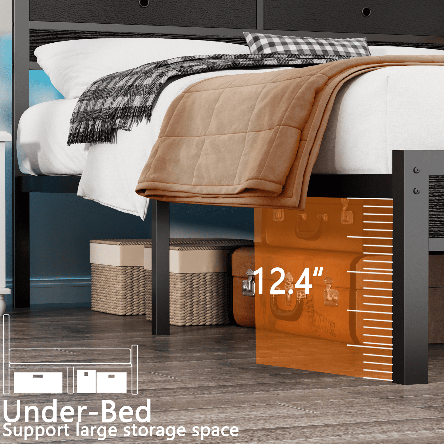 Tydimor Queen Size Bed Frame with 2 Storage Drawers Headboard, LED & Charging Station, Black oack