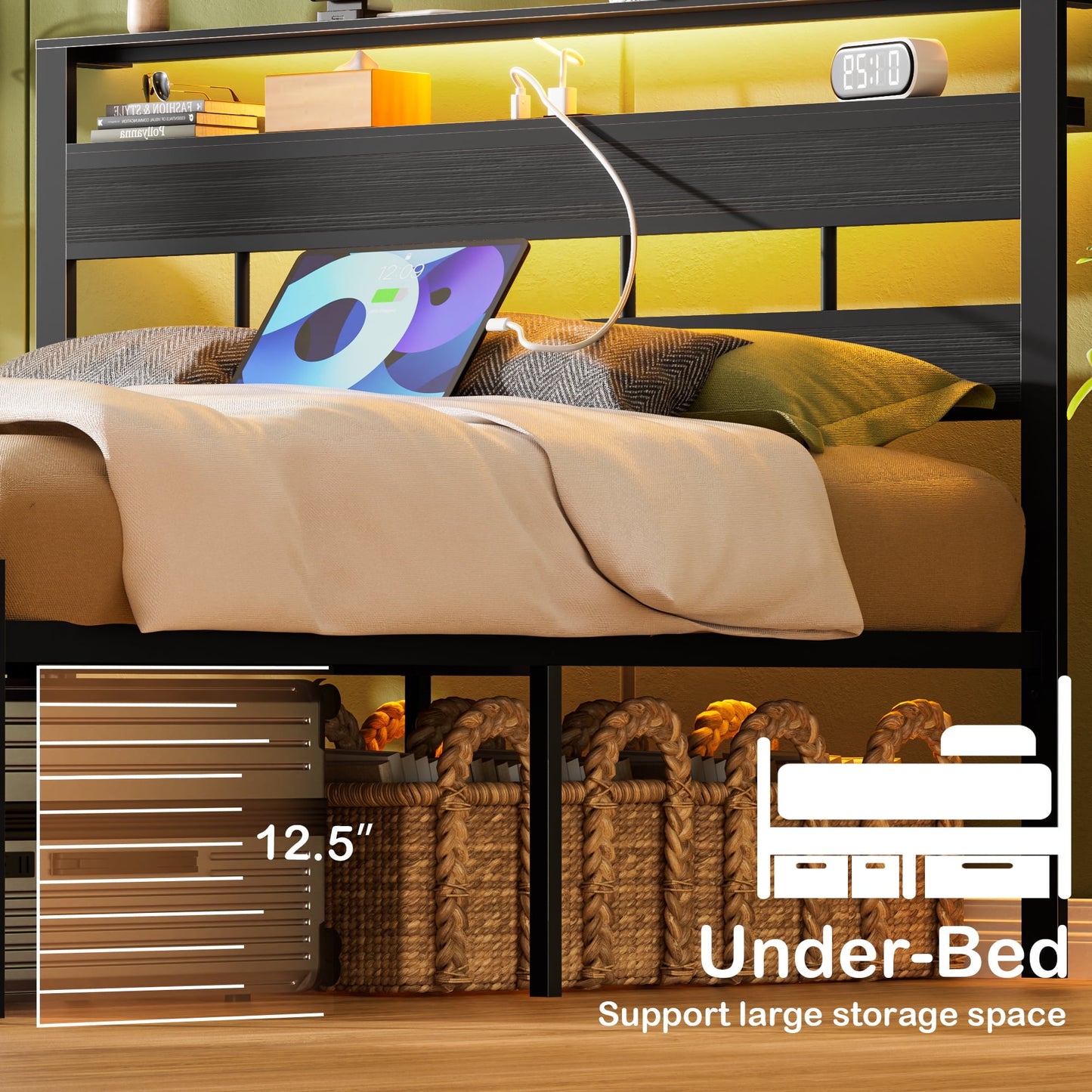 Hexmn LED Lighting Bed Frame Queen with Headboard Storage Shelves, USB Ports Queen Size Platform Bed Frame Steel Slats Support