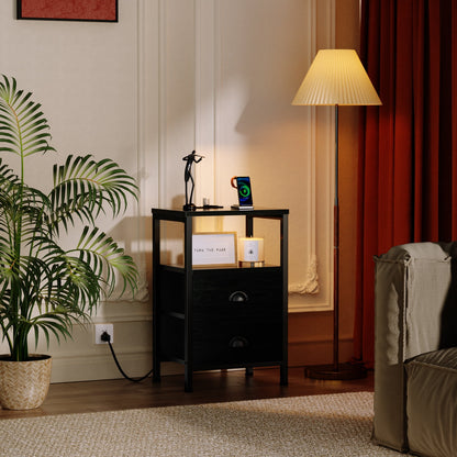 Satifur Bedside Table with Charging Station,Set of 2 LED Nightstand with 2 Fabric Drawers,Black Oak