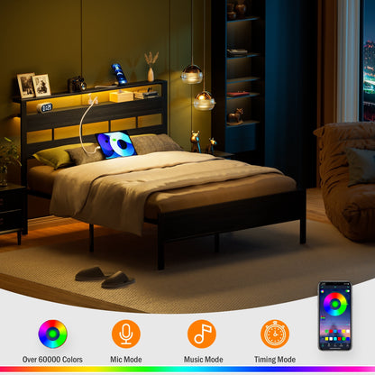 Hexmn LED Lighting Bed Frame Queen with Headboard Storage Shelves, USB Ports Queen Size Platform Bed Frame Steel Slats Support