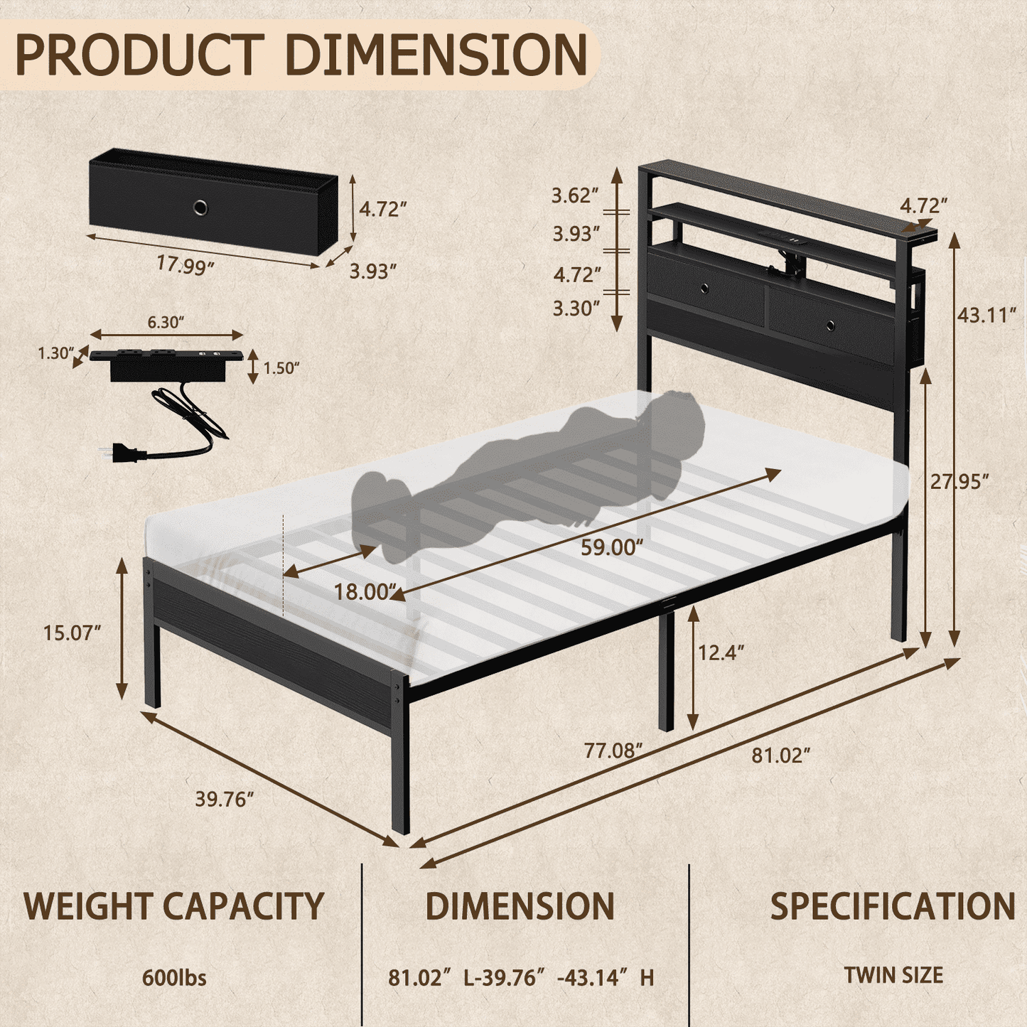 Tydimor Twin Size Bed Frame with 2 Storage Drawers Headboard, LED & Charging Station, Black oack