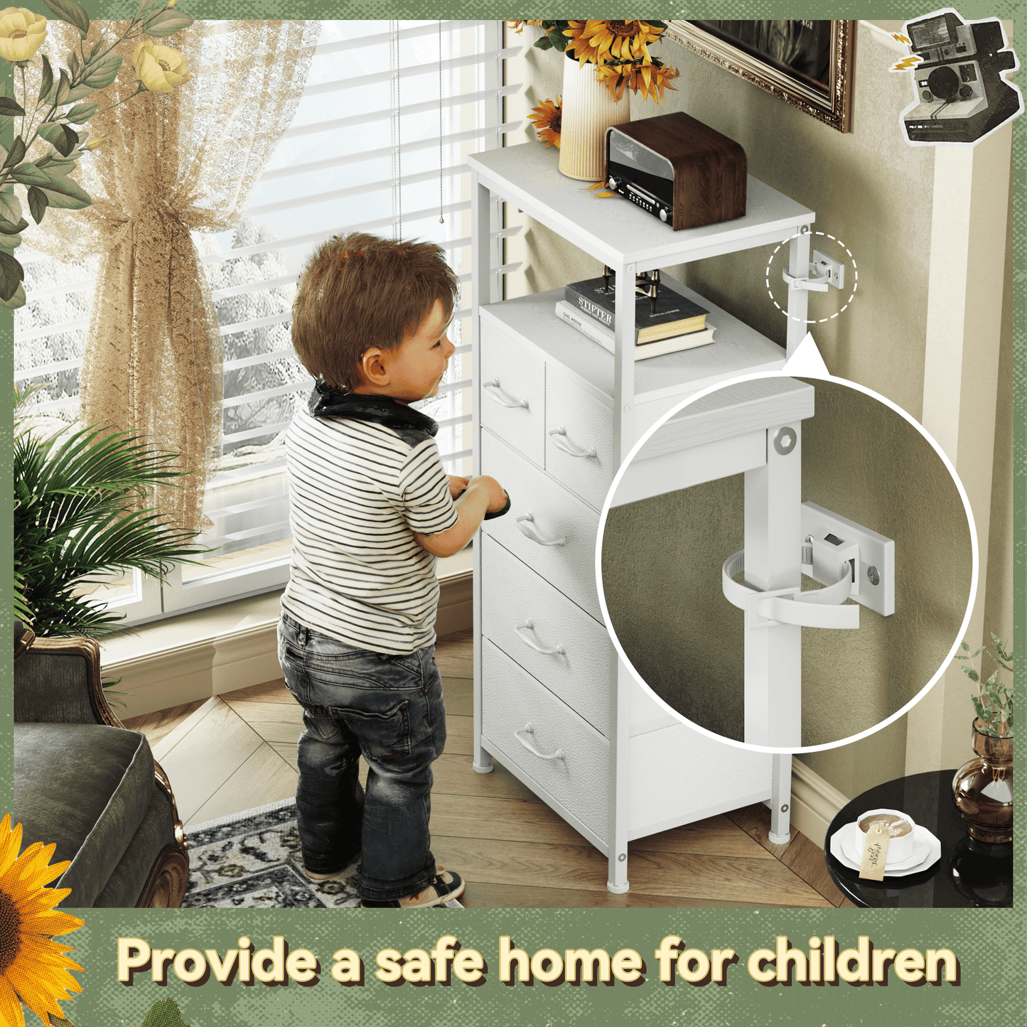TYDIMOR Small Dresser for Bedroom, 5 Drawer with Charging Station, White, Ideal for Adults