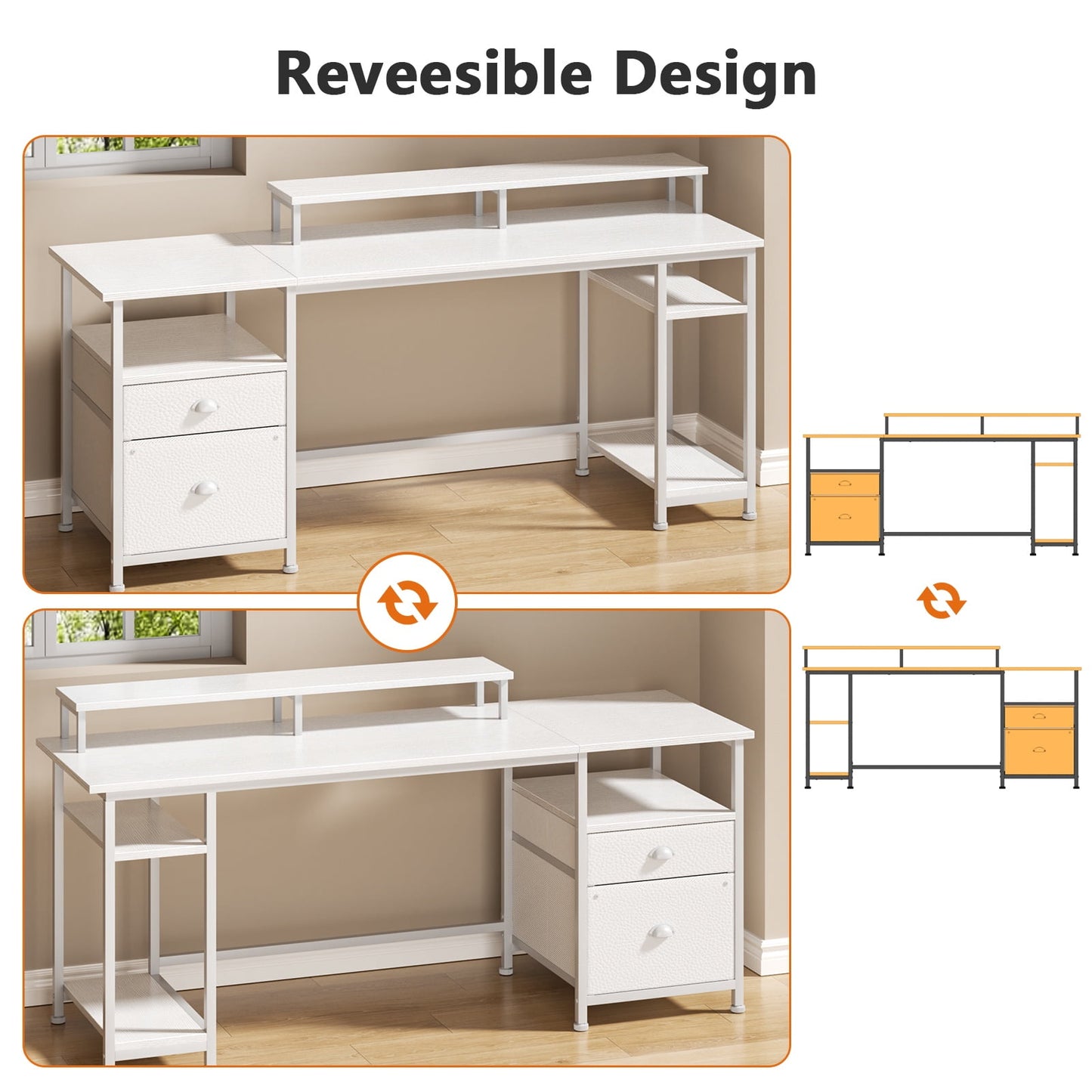 Satifur Computer Desk with Drawers & Monitor Stand, Office Desk for Dual Monitors, Adjustable Shelves, White