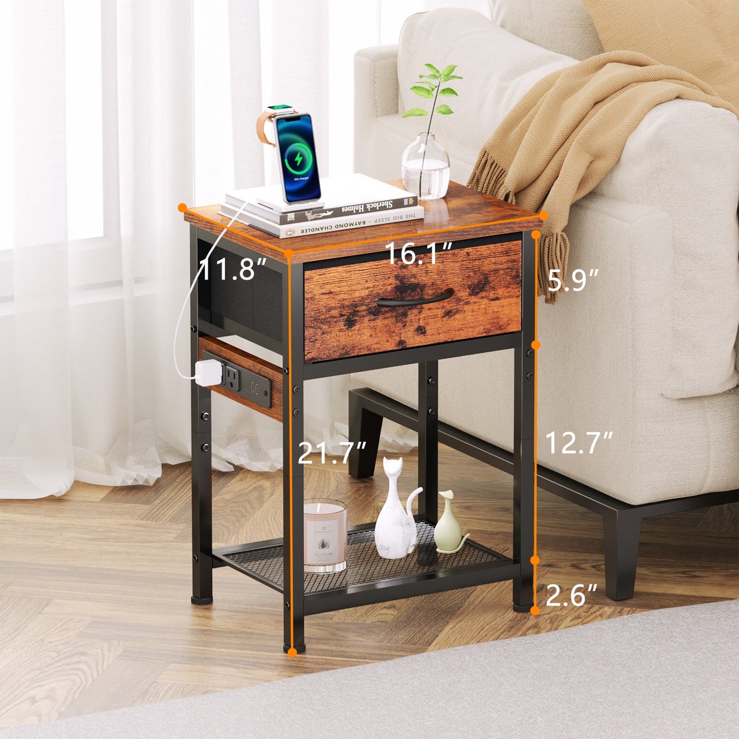 Satifur Nightstand with Charging Station for Bedroom,Side End Table with Outlets & USB Ports,Rustic Brown