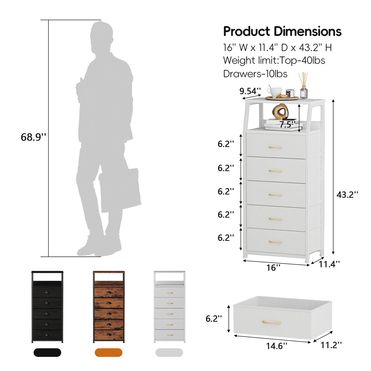 Satifur 5-Drawer Nightstand,Tall Fabric Dresser Storage End Table,for All Age,Metal Frame,White