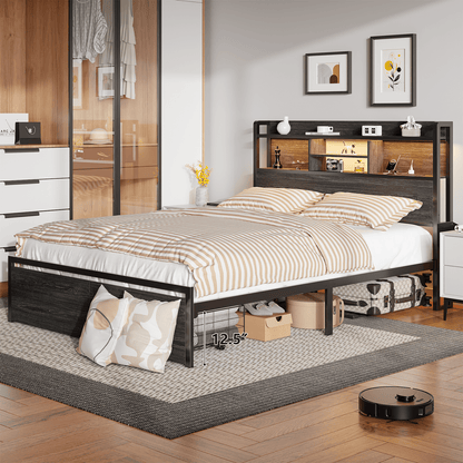 Tydimor Queen Size Bed Frames Bedroom Furniture Sets with Upholstered Storage Headboard & Outlets, LED Lights Standard Bed con Cajones, Niose Free