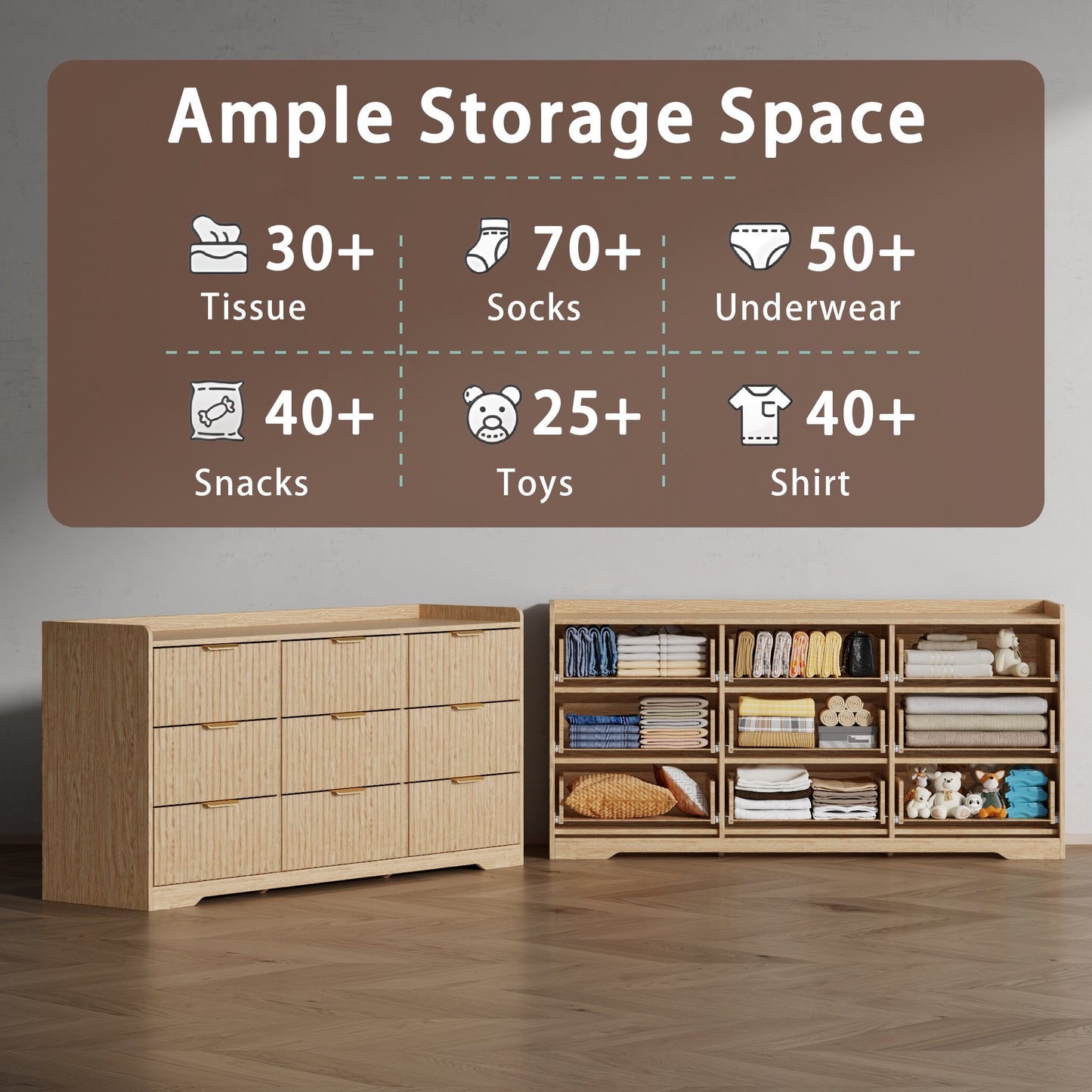 Tydimor Dressers for Bedroom 9 Drawers, Wide Chest of Drawers Storage Organizer, Wooden Cabinet with Anti-Tip Safety for Living Room, Hallway