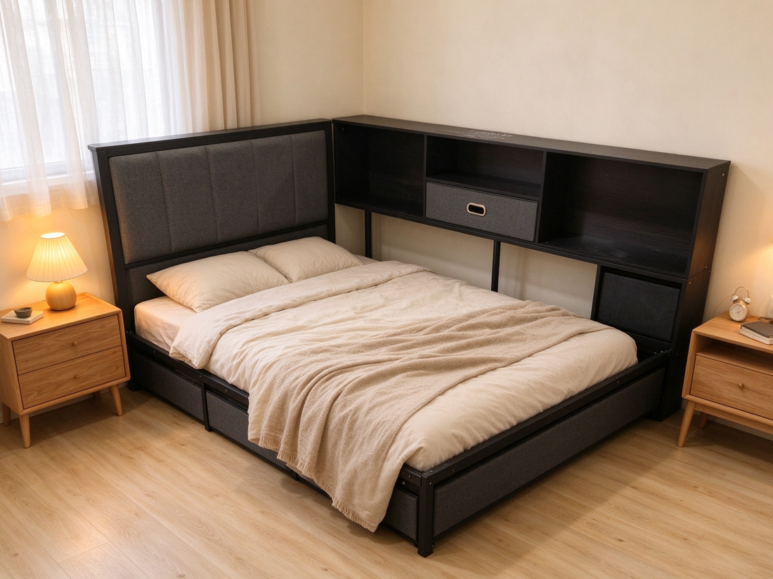 Satifur Twin L-Shaped Corner Platform Bed, Dark Linen Upholstered Head ...