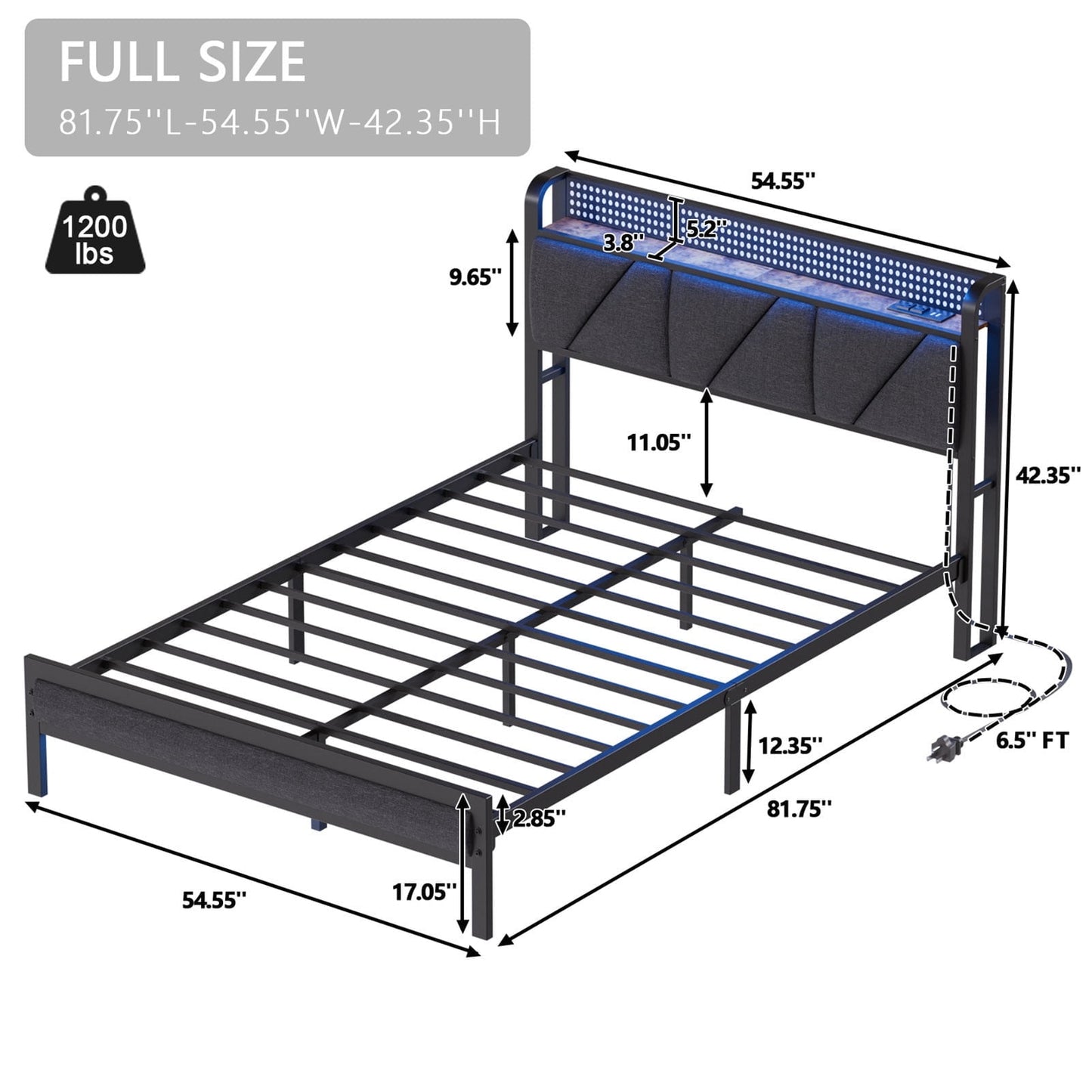 Hexmn Full Size Metal Smart Bed Frame with Upholstered Headboard, LED Lights, USB Ports and Outlets, Storage Shelves & Underbed