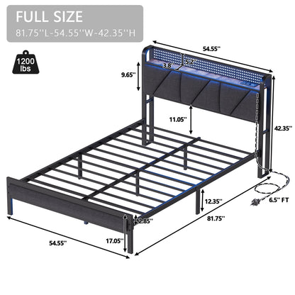 Hexmn Full Size Metal Smart Bed Frame with Upholstered Headboard, LED Lights, USB Ports and Outlets, Storage Shelves & Underbed