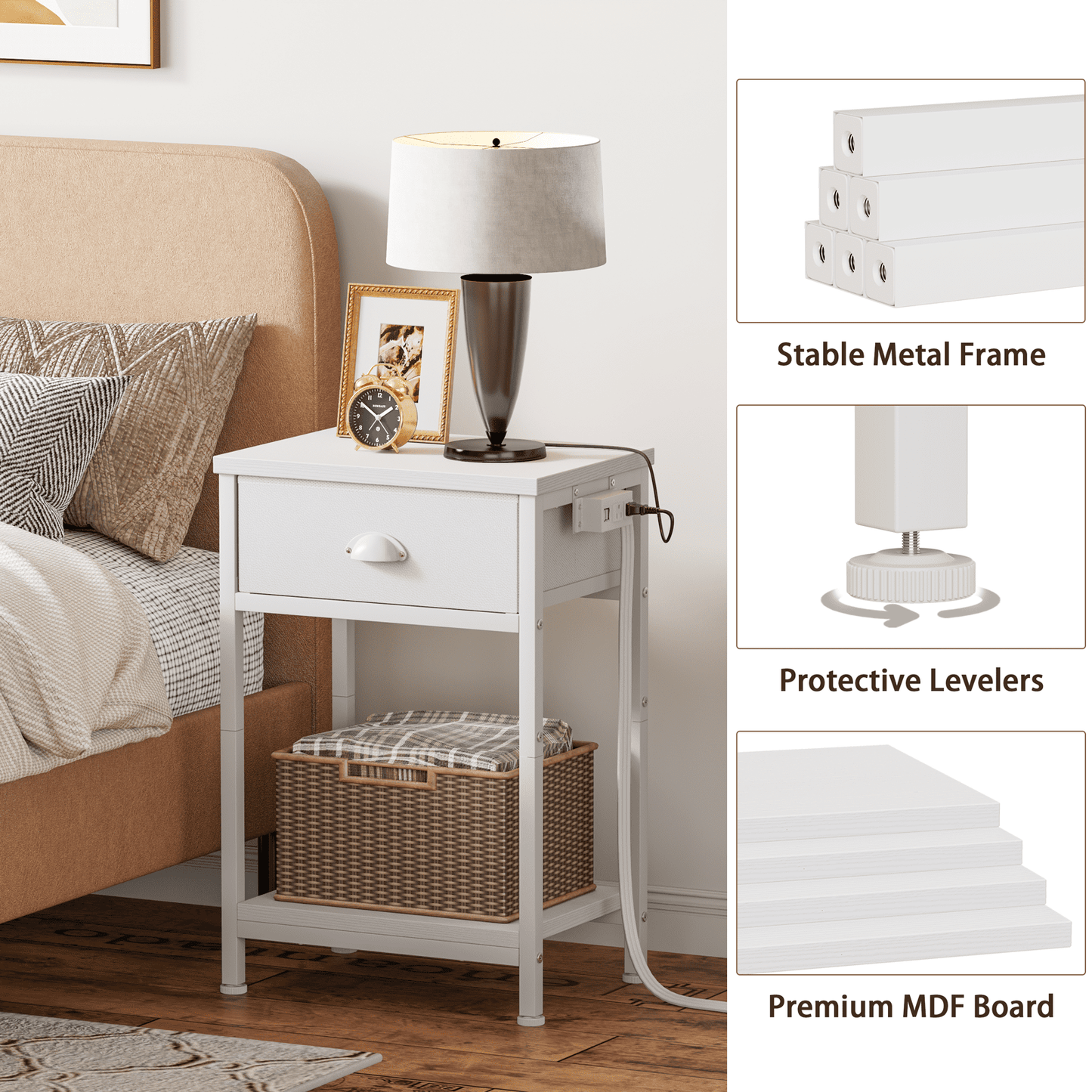 Satifur Set of 2 Nightstand with Charging Station for Bedroom,Side End Table with Outlets & USB Ports,White