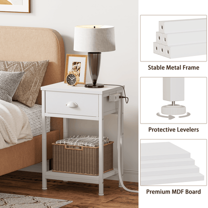 Satifur Set of 2 Nightstand with Charging Station for Bedroom,Side End Table with Outlets & USB Ports,White
