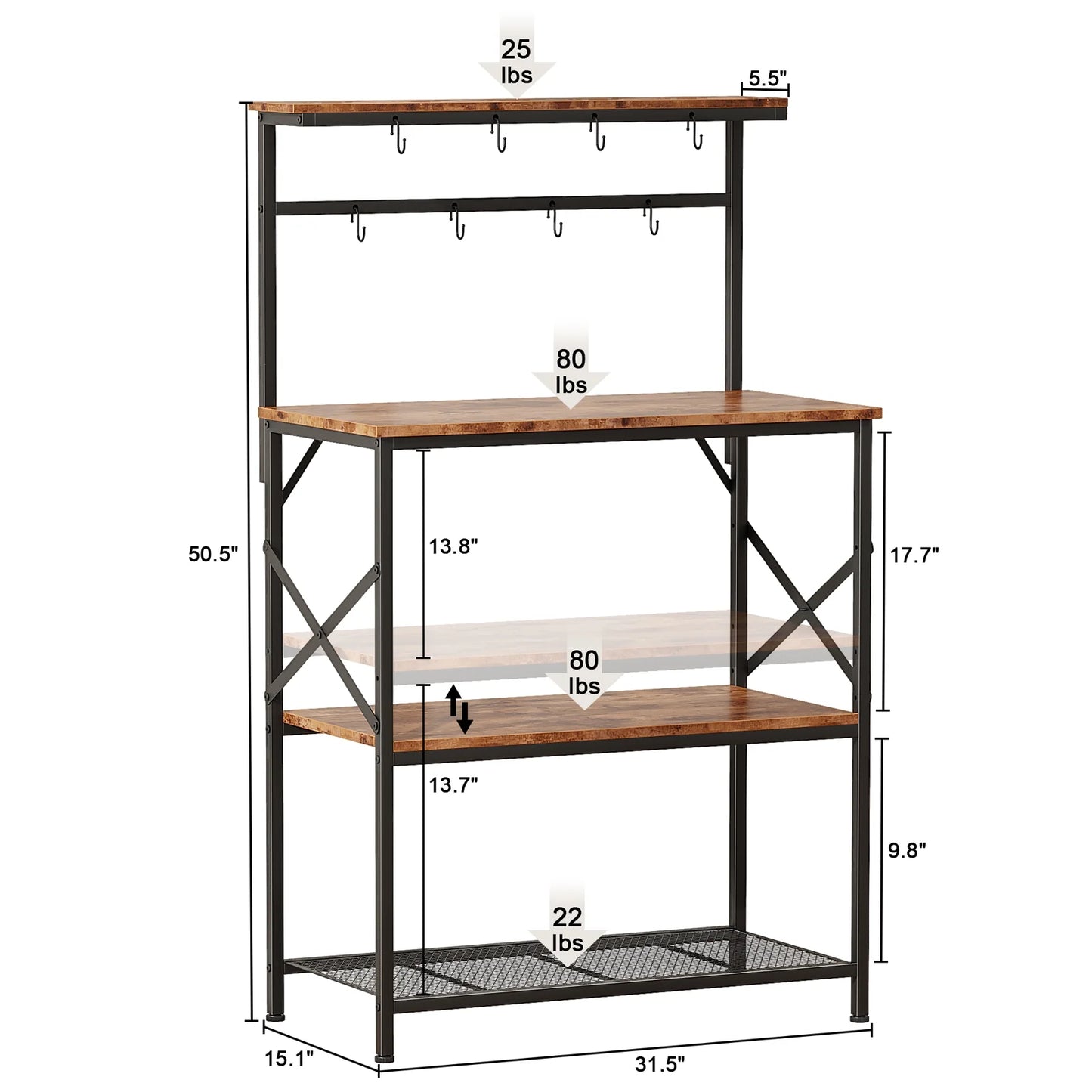 TYDIMOR Kitchen Bakers Rack with Outlets, Coffee Bar Table 4 Tiers Microwave Stand, Brown, 31.5"