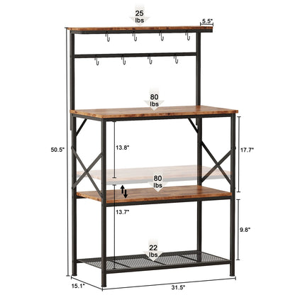 TYDIMOR Kitchen Bakers Rack with Outlets, Coffee Bar Table 4 Tiers Microwave Stand, Brown, 31.5"