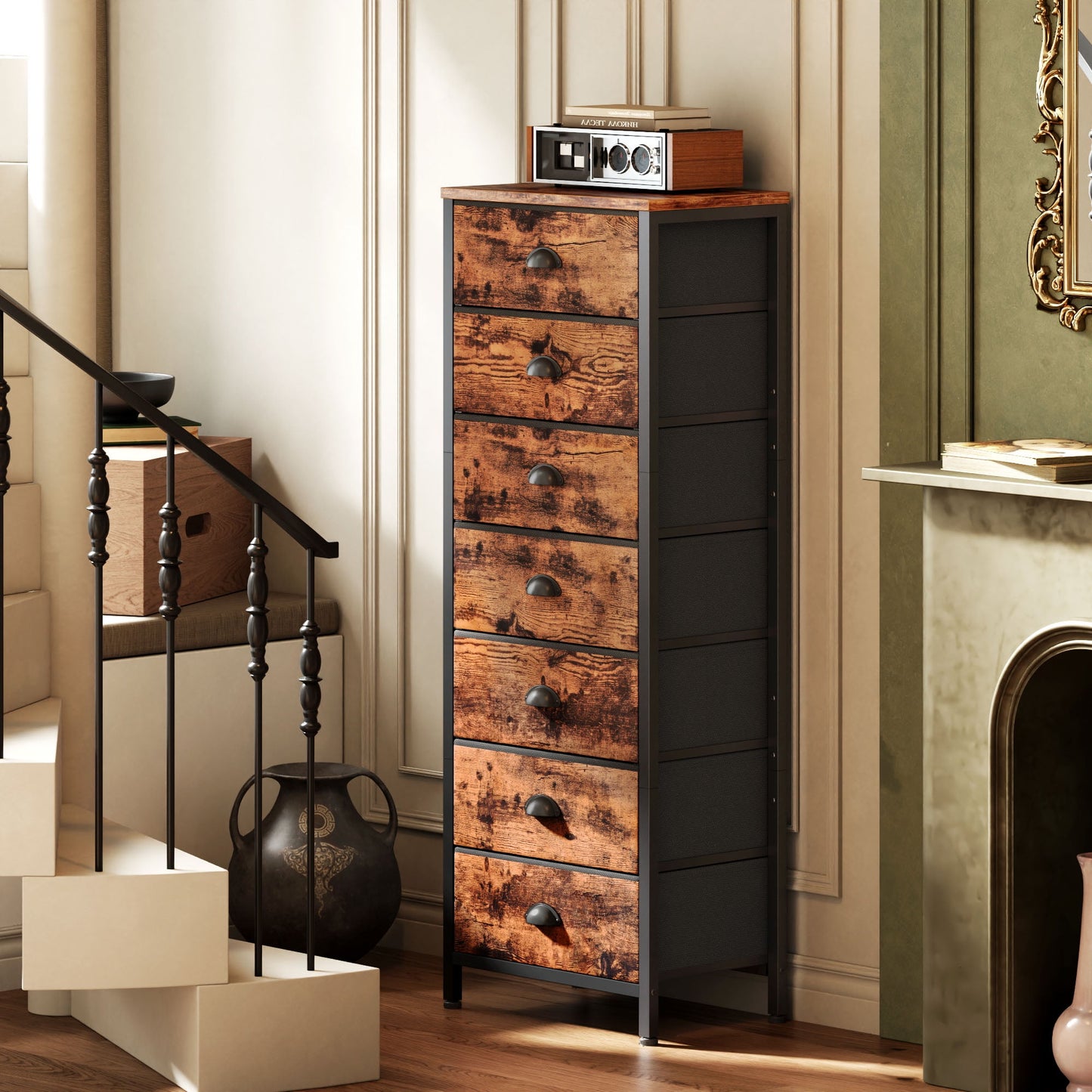 Satifur 7-Drawer Tall Dresser Bedside Fabric Nightstand with Storage,Rustic Brown