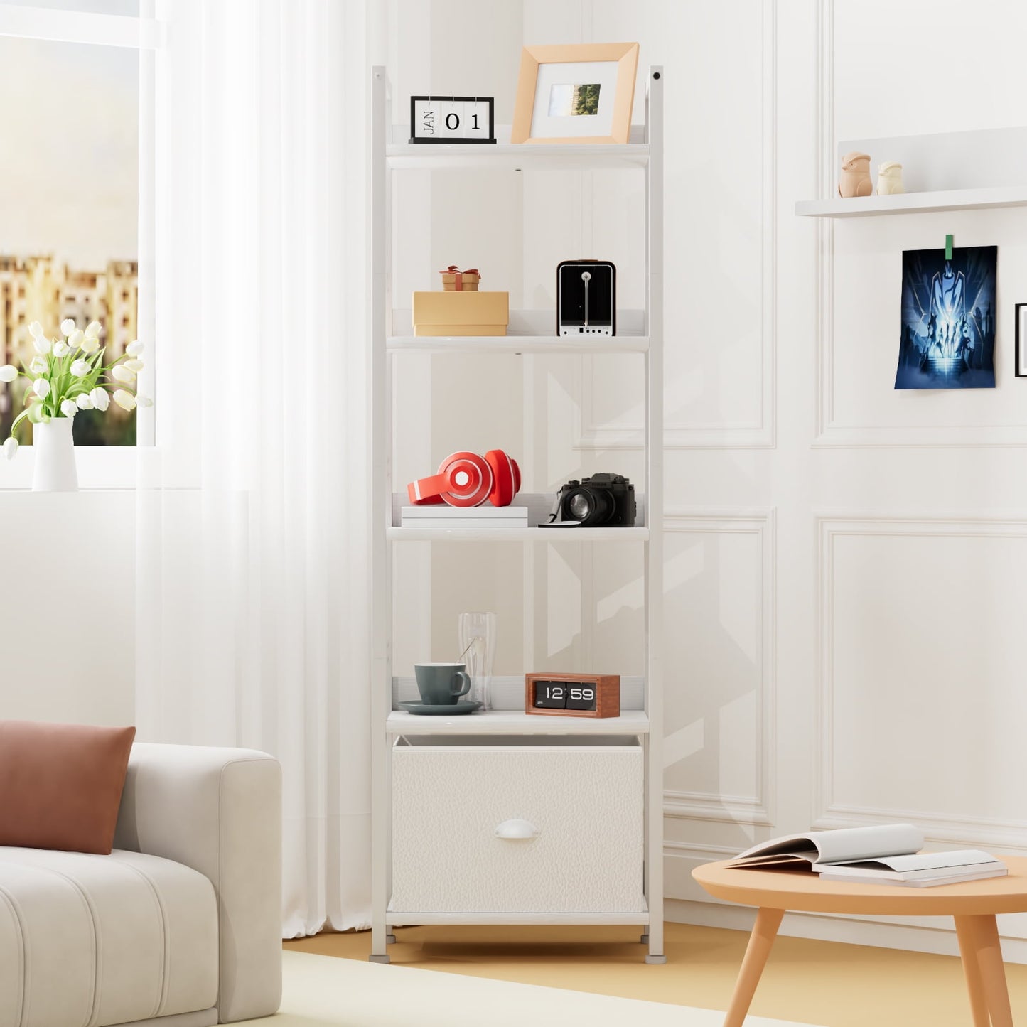 Satifur 5 Tier Ladder Bookcase with Removable Drawer Tall Standing Bookshelf,White