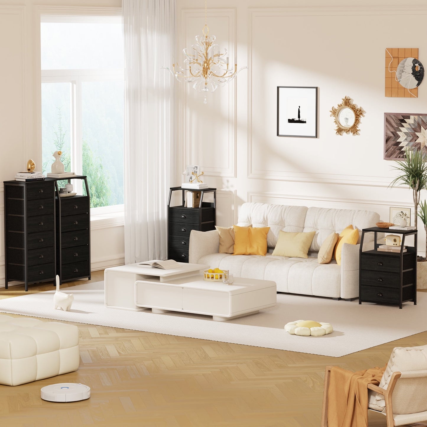Satifur Nightstand,Vertical Dresser with Fabric Chest of Drawers & Storage for Bedroom,Living Room,Black Oak