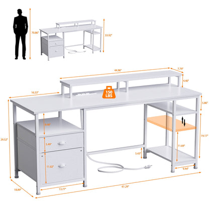 Furologee Gaming Desk with LED Light & Power Outlets, Reversible Computer Desk with File Cabinet & Drawer, White Writing Table with Dual Monitor Stand for Home/Office