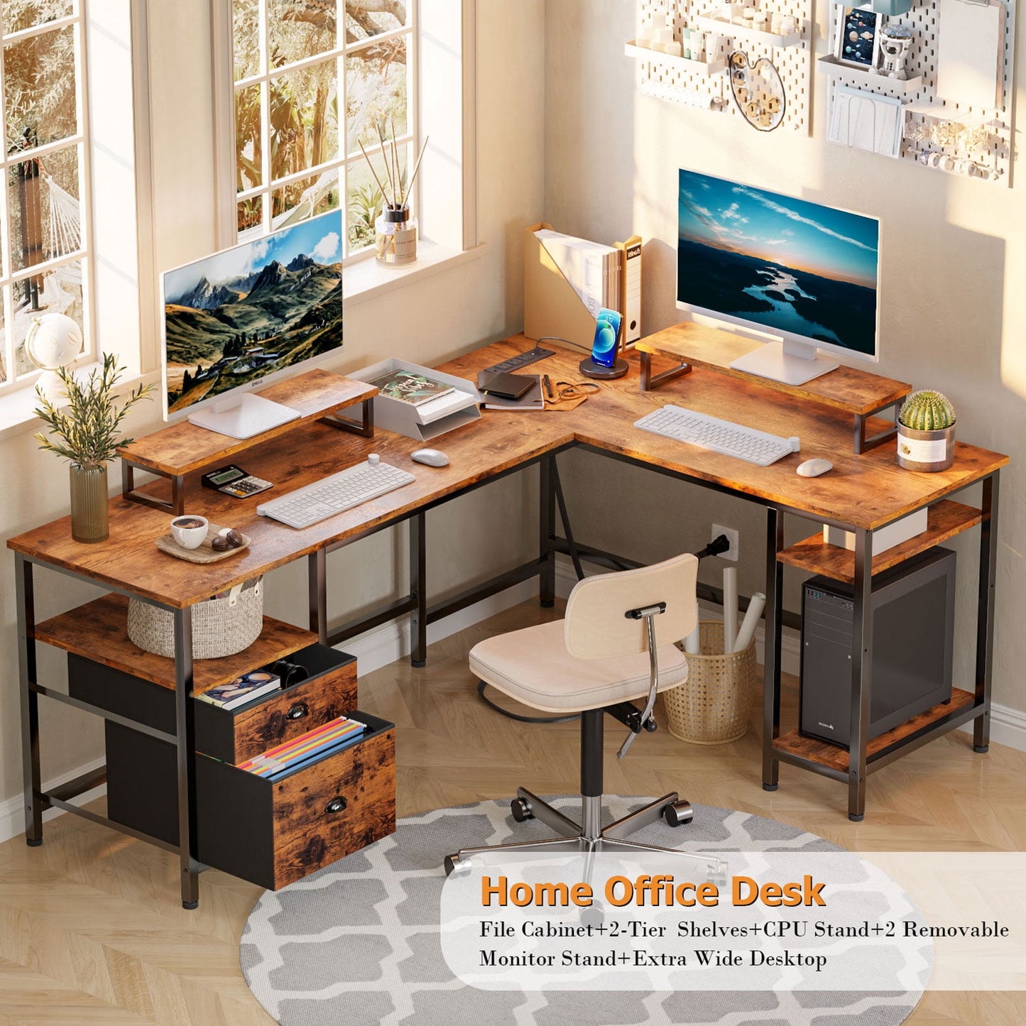 Furologee Computer Desk L-Shaped Reversible Desk with Drawers and 2 Monitor Stands, Rustic Brown