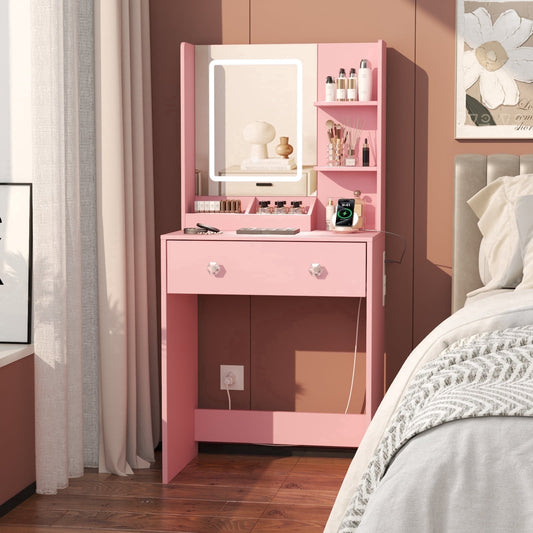 Satifur Vanity Desk with Mirror & Lights, GRWM Vanity with Drawers & Storage Shelves, Makeup Dressing Table with Charging, Pink