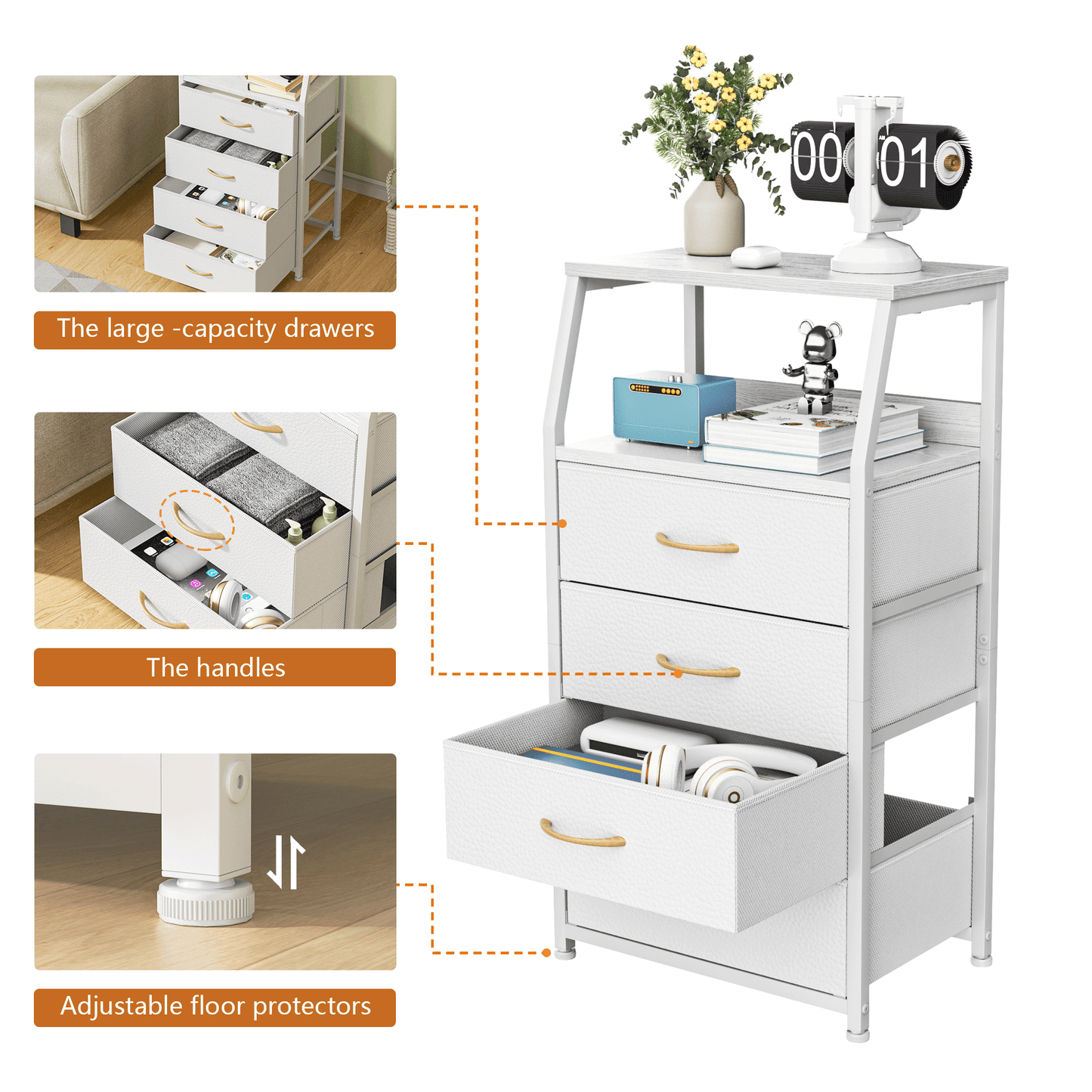 TYDIMOR Tall Nightstand,4 Drawer White Dresser for Bedroom Storage,Side Table for All Ages